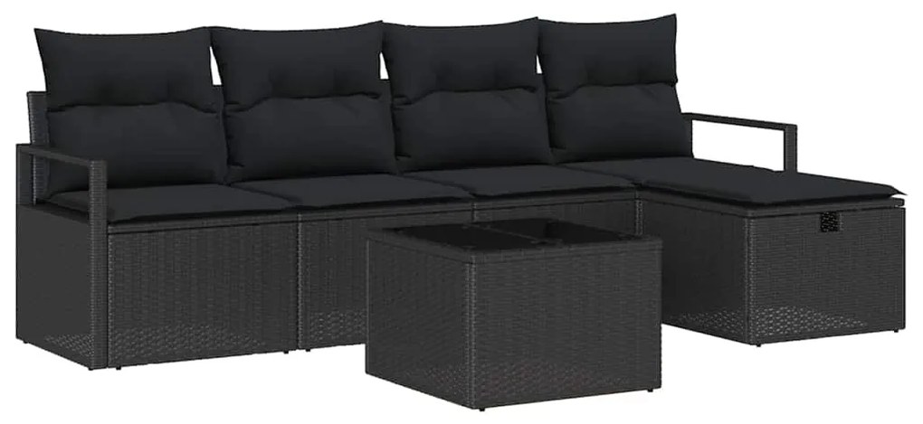 Conjunto de Sofá de Jardim de 6 Peças com Almofadas em Rattan Preto