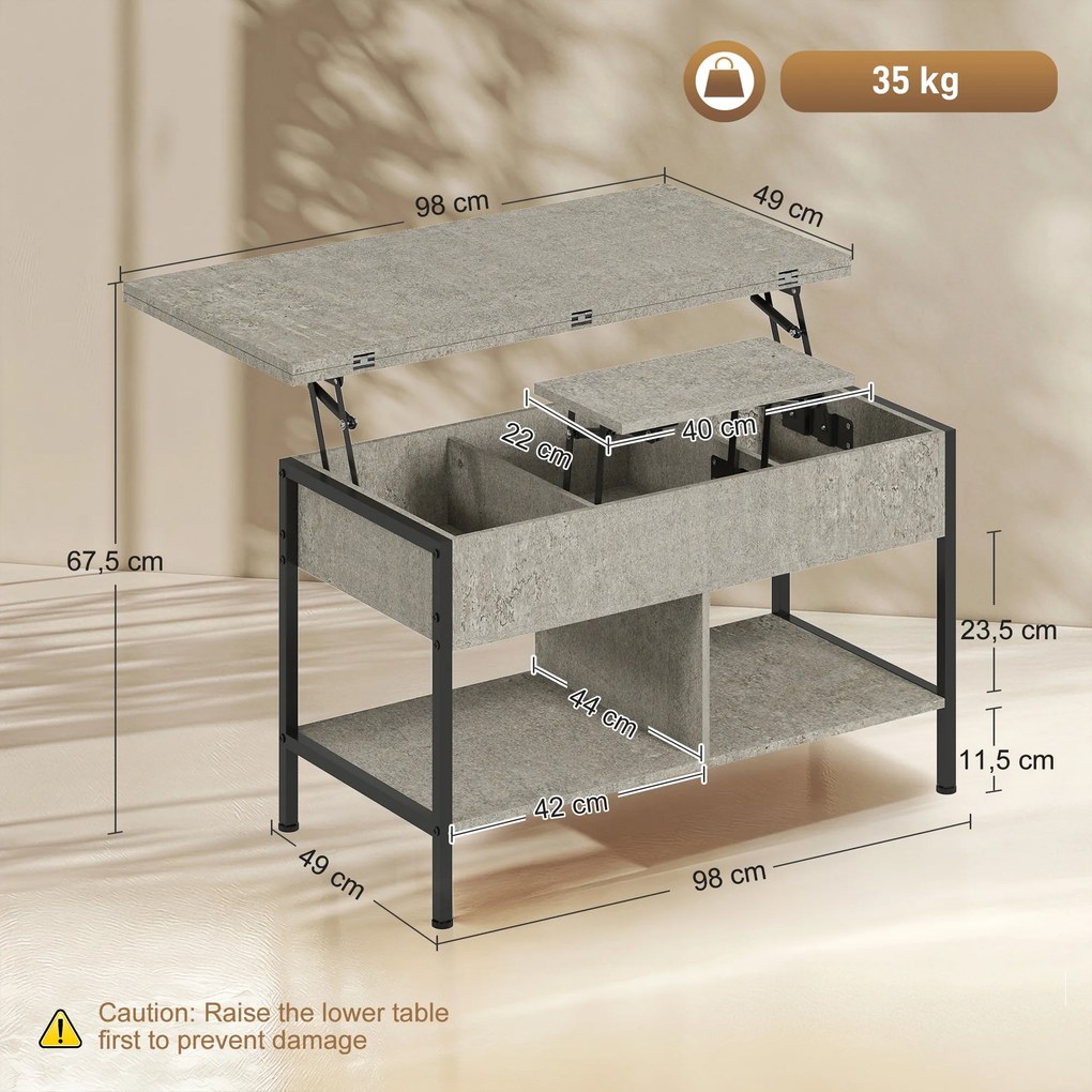 Mesa de centro elevável e extensível 98 x 49 x 55 cm,, com compartimento oculto e prateleiras abertas, cinzenta