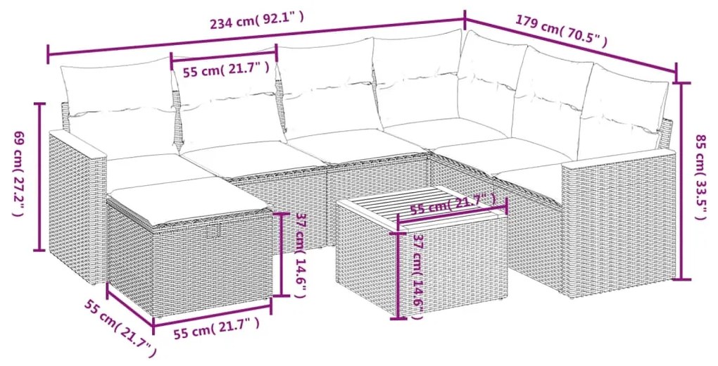 8 pcs conjunto de sofás p/ jardim com almofadões vime PE bege