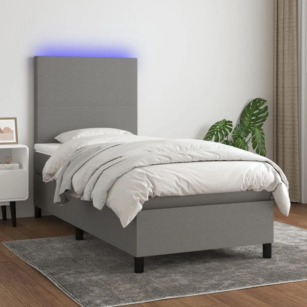 Cama box spring c/ colchão e LED 80x200 cm tecido cinza-escuro