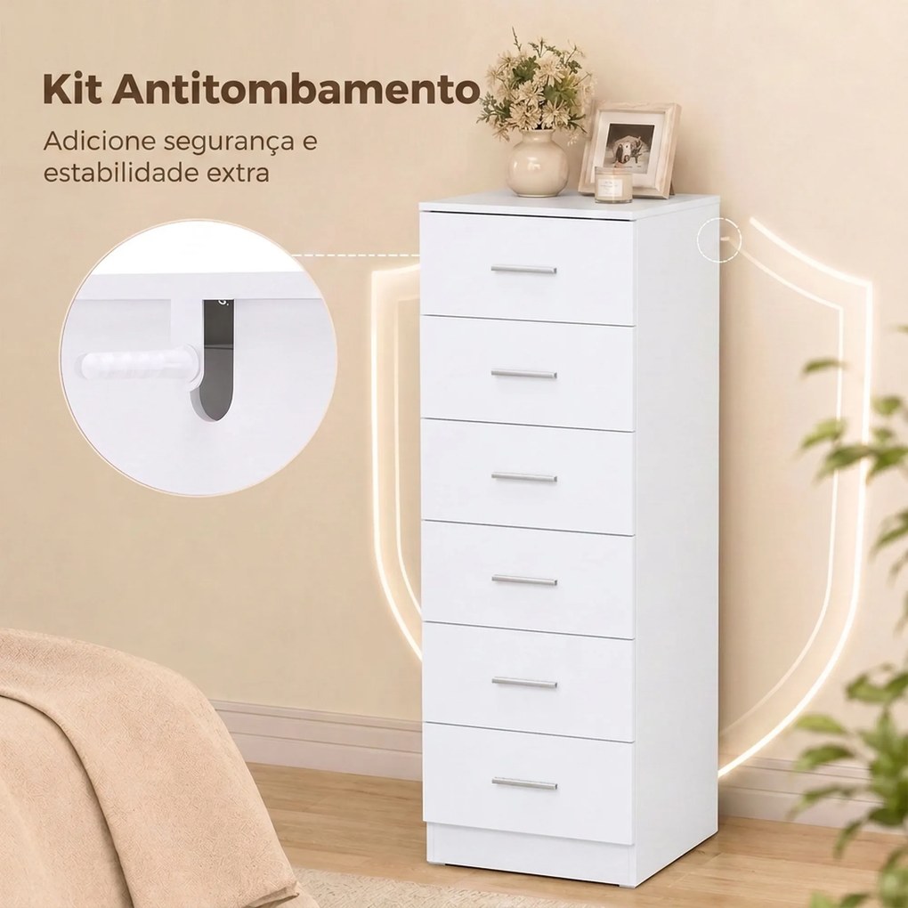 Cómoda de 6 Gavetas Alta para Quarto com Sistema Antitombo 40x40x110 cm Cinzento Claro e Branco