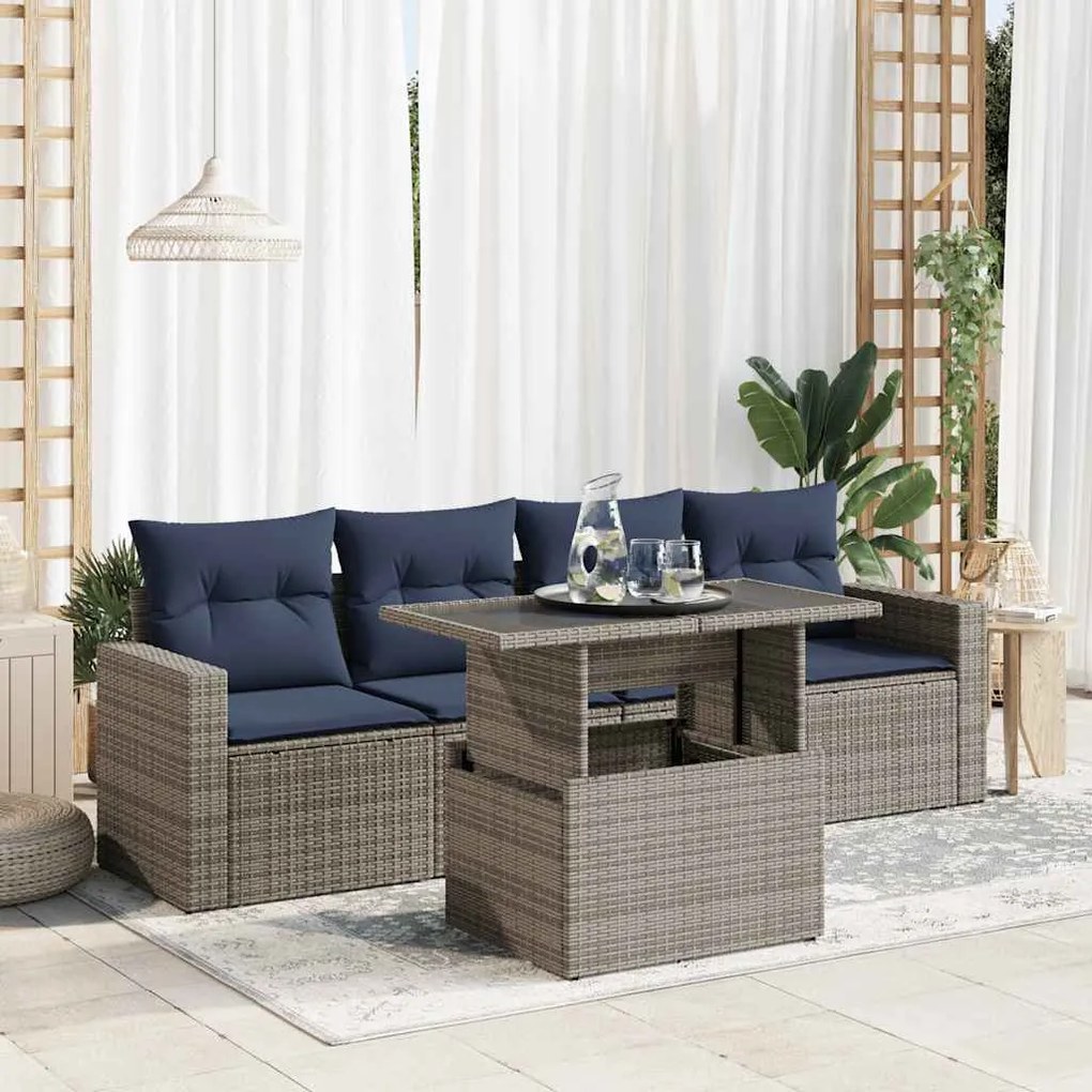 5 pcs conjunto sofás de jardim c/ almofadões acácia e vime PE