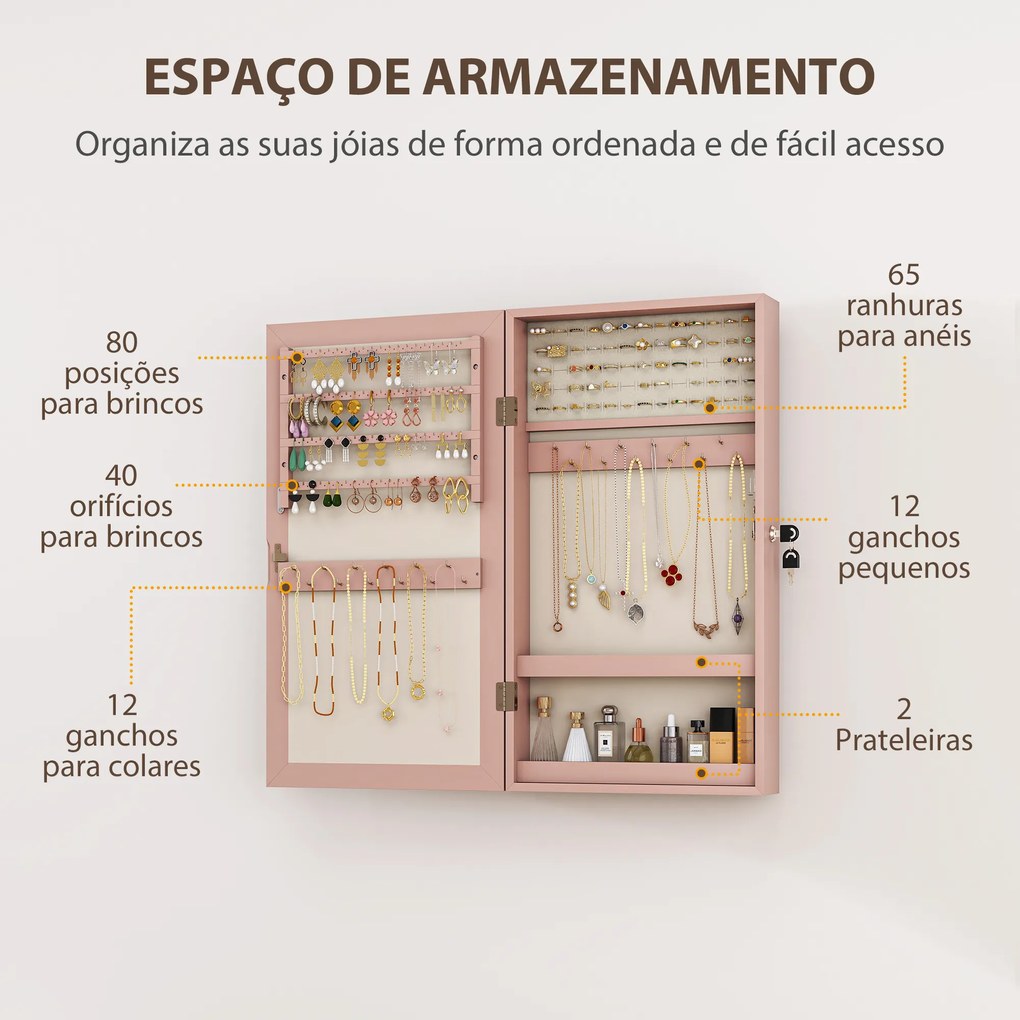 Espelho Joalheiro de Parede Armário para Jóias com Fechadura e Vários Compartimentos para Colares Anéis Pulseiras Rosa e Bege