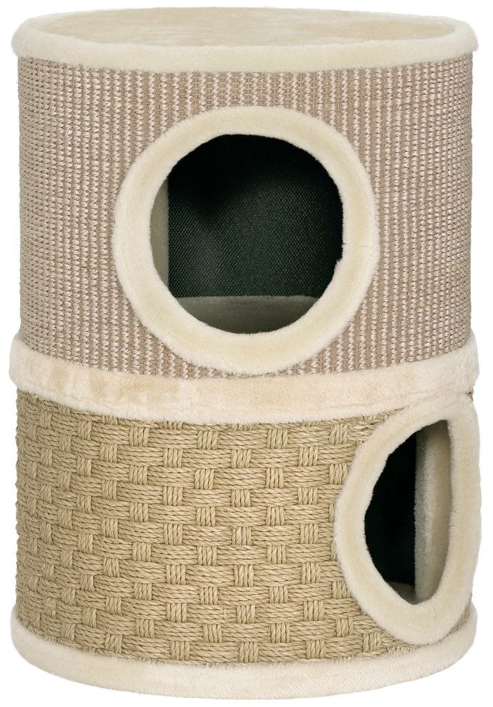 Arranhador em Forma de Cilindro para Gatos com 3 Níveis Plataforma e Caverna Confortável 37,5x37,5x70 cm Caqui e Bege