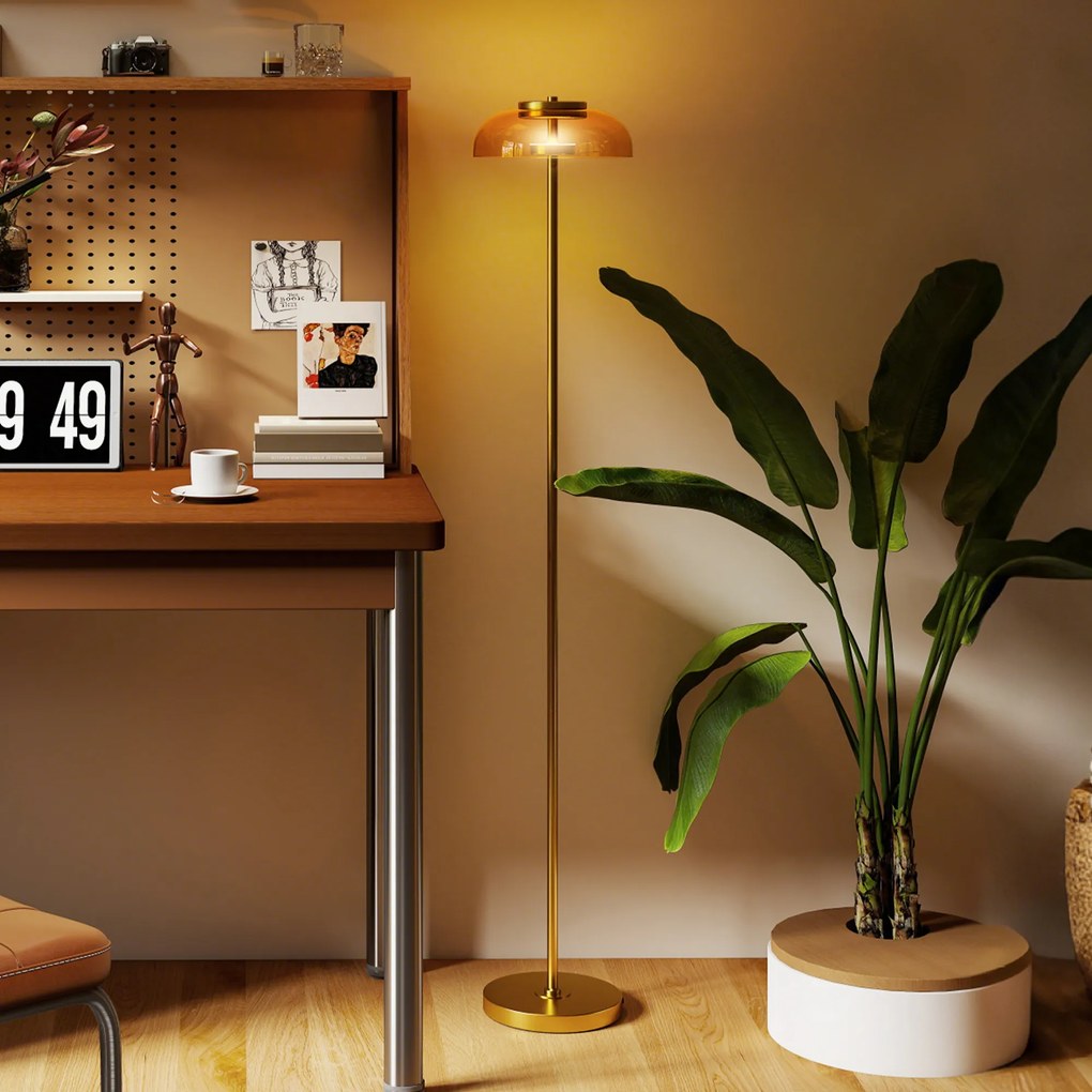 Candeeiro de pé para sala de estar Ø25x134 cm, candeeiro LED para sala de estar com luz quente de 3000 K e interruptor de pé, tom de latão