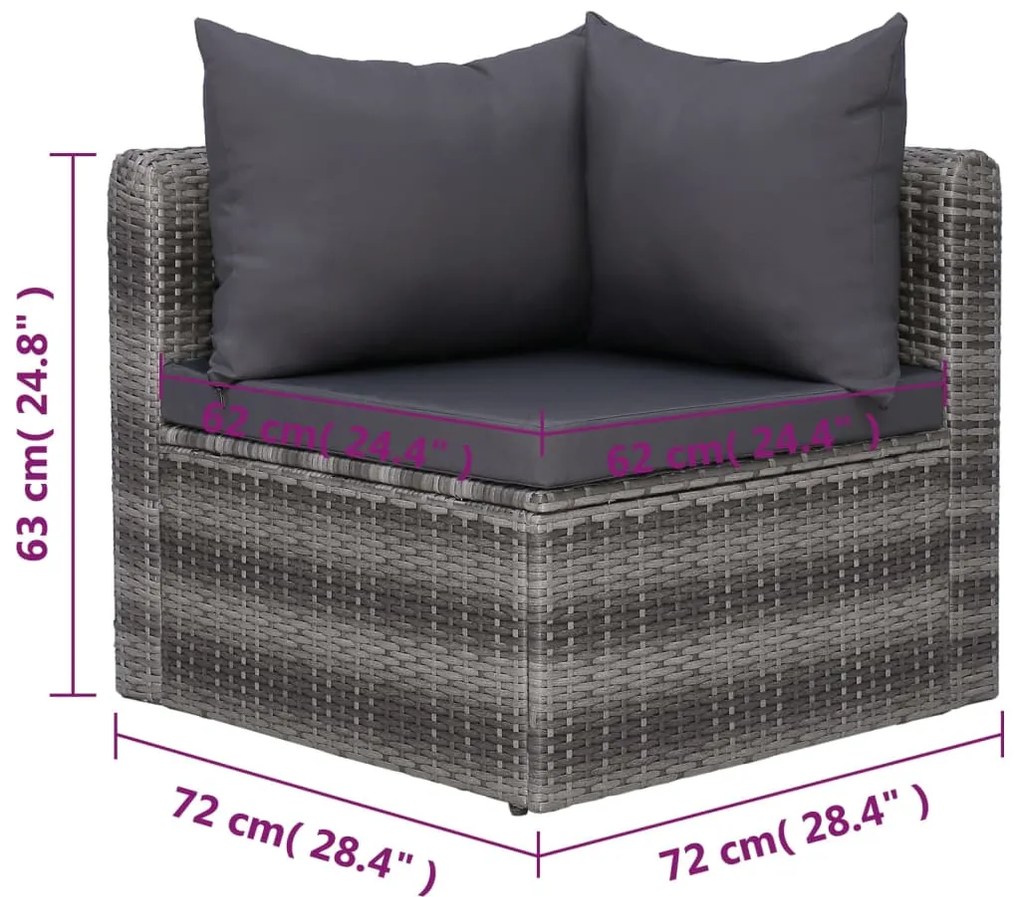7 pcs sofás de jardim c/ almofadões+almofadas vime PE cinzento