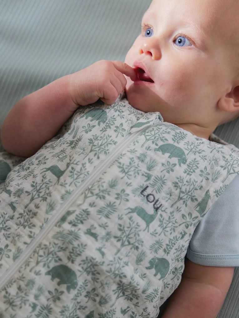 Agora -23%: Saco de bebé, especial verão, sem mangas, abertura ao meio, Na Floresta verde estampado