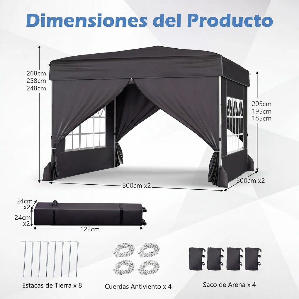 Tenda Dobrável de Exterior feiras, eventos, festas, 300 x 300 x 250-268 cm, 4 Paredes Removíveis e 4 sacos areia Preta