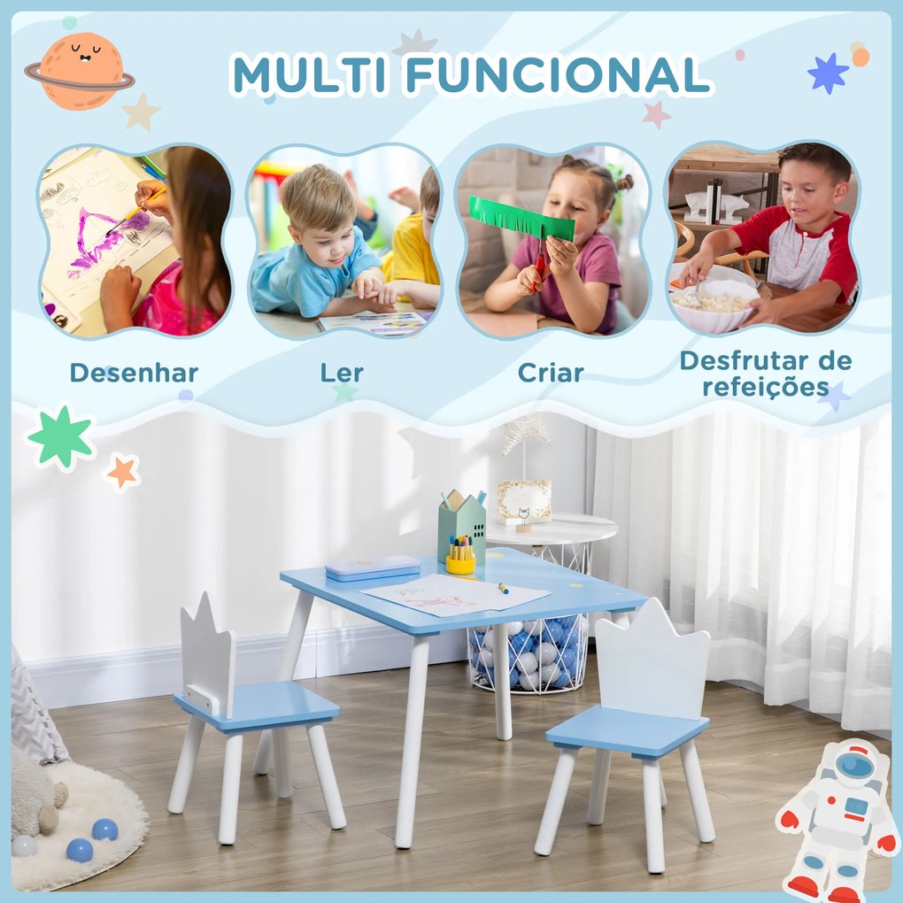 Conjunto de Mesa e 2 Cadeiras Infantil Mesa Infantil Móveis de Madeira Crianças para Sala de Estar Brinquedoteca Dormitório 68x68x47cm e 30x30x51,5cm Azul
