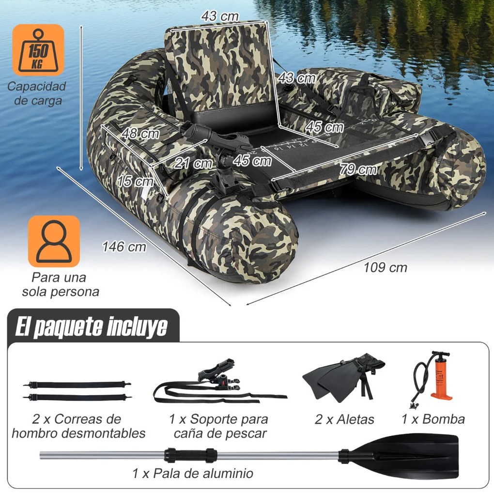 Barco de pesca Insuflável Suporte de cana Bolsos de vara Remo Bomba portátil Barco de pesca Carga 150 kg Camuflado