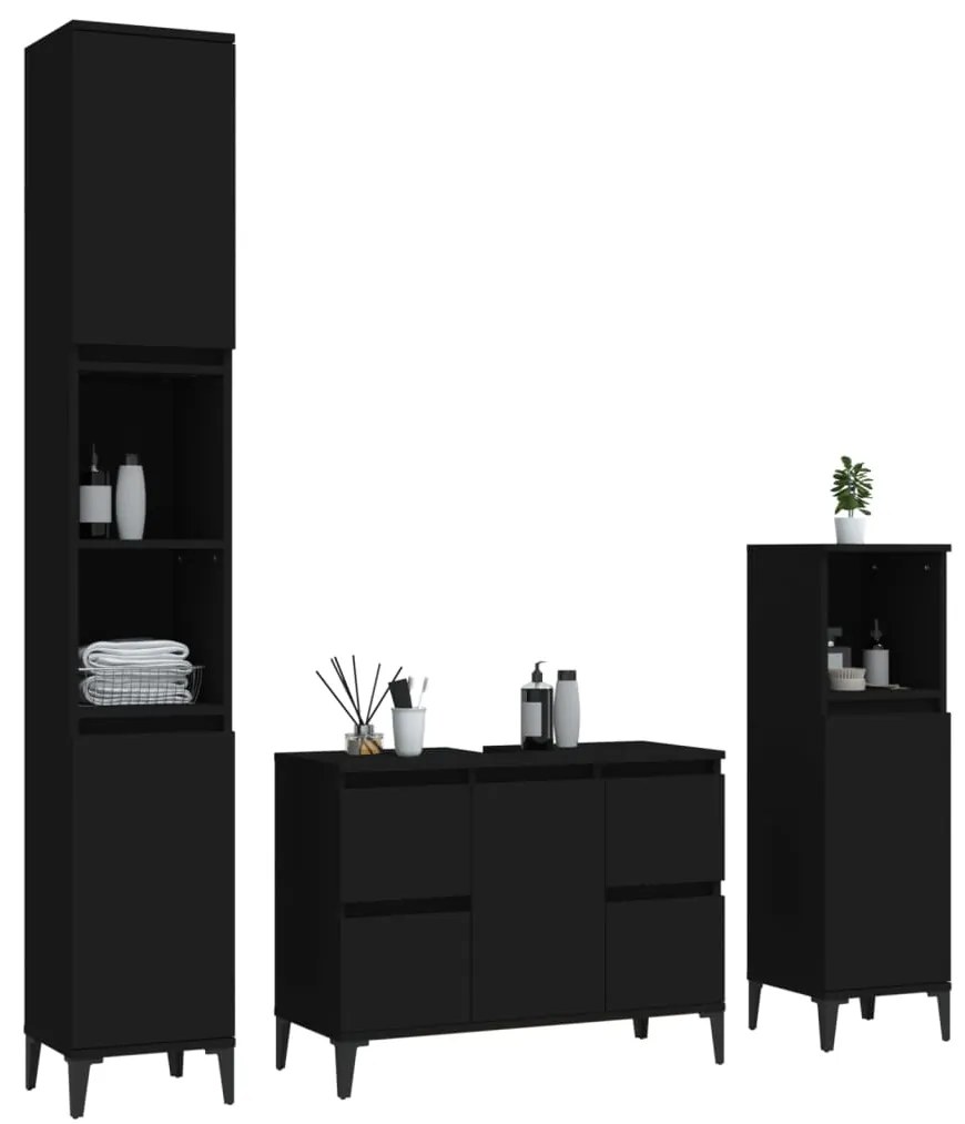 3 pcs conjunto móveis casa de banho derivados de madeira preto