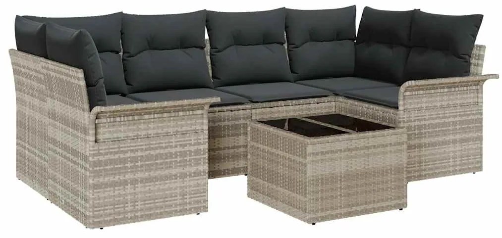 Sofá de Jardim 7 Peças com Almofadas Cinzas Claras e Rattan Sintético