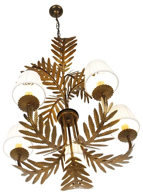 Candeeiro de teto dourado com abajur de tecido plissado creme 5 luzes - Botanica Clássico / Antigo