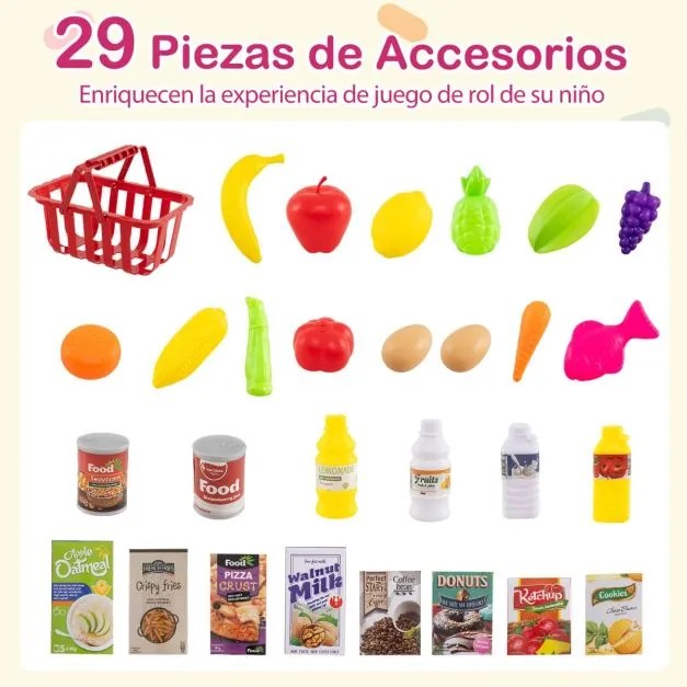 Conjunto de supermercado para crianças com carrinho de compras, balança e scanner com luz e som, 76 peças de alimentos e acessórios, jogo de encenação