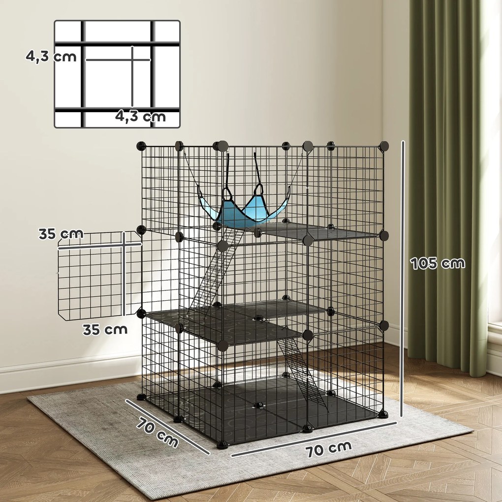 Gaiola Interior para Gatos de 3 Níveis em Aço com 3 Portas, 2 Escadas e Rede, 70x70x105 cm, Preto