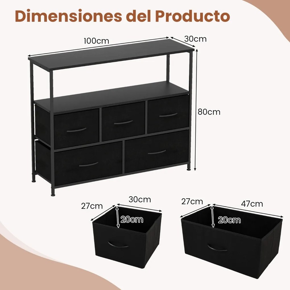 Cômoda para quarto com 5 gavetas 100 × 30 × 80 cm com 2 prateleiras abertas de madeira e estrutura metálica resistente preto