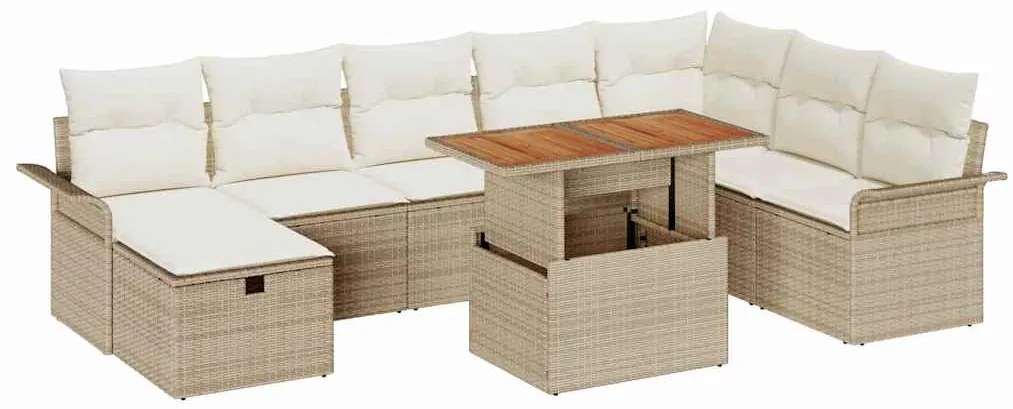 Conjunto de Sofás de Jardim de 9 Peças com Almofadas Beiges em Rattan