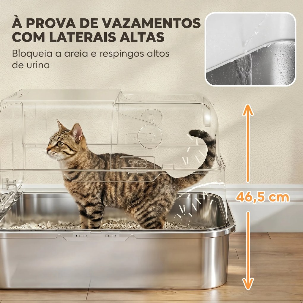Caixa de Areia para Gatos XXL em Aço Inoxidável com Tampa Basculante, Laterais Altas e Entrada Superior - Branco
