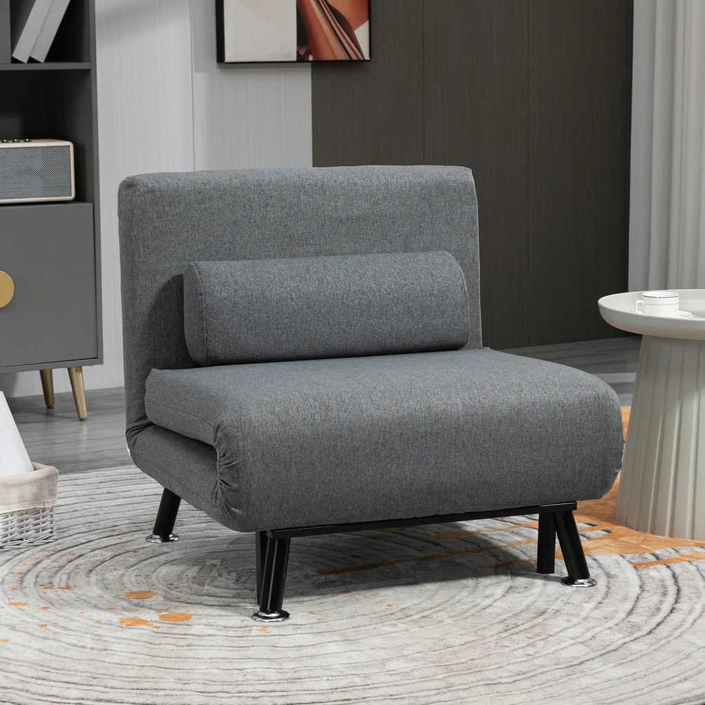 Sofá Cama Individual Dobrável com Encosto Ajustável em 5 Níveis Almofada e Estofado de Linho Sintético 75x70x75 cm Cinzento