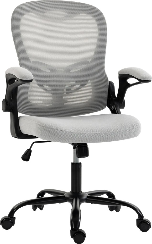 HOMCOM Cadeira de Escritório Ergonômica, Poltrona em Malha, Apoios de Braço Rebatíveis, Altura Regulável, Função de Inclinação, Cinza | Aosom Portugal