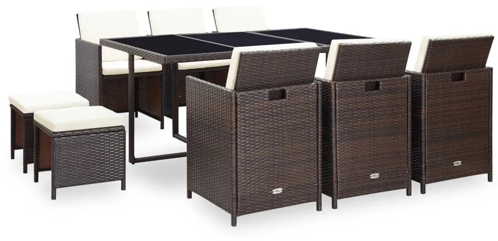 42527 vidaXL 11 pcs conjunto jantar exterior com almofadões vime PE castanho