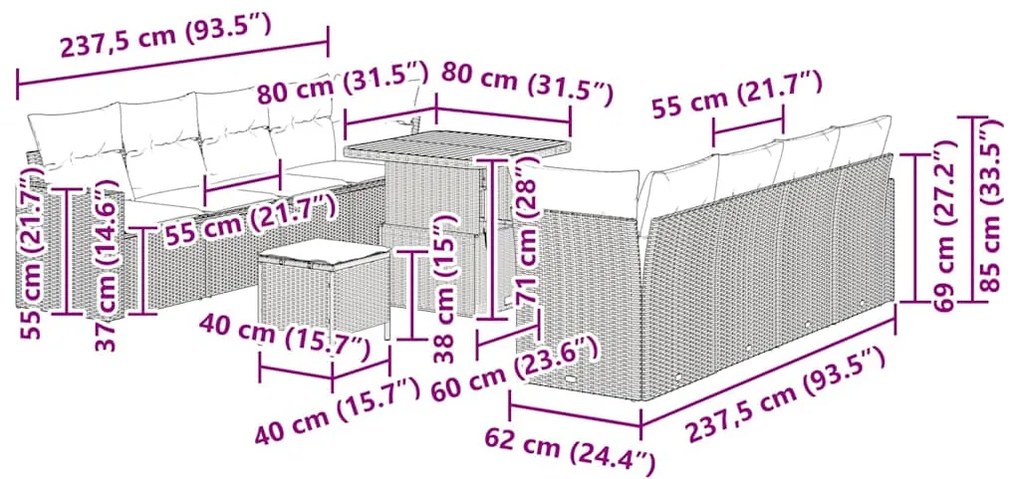 Conjunto de Sofá de Jardim de 11 Peças da com Almofadas Bege