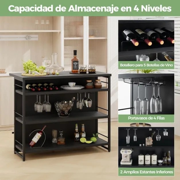 Mesa de bar alta de cozinha 4 níveis com 3 Estantes Prateleiras para vinhos Ilha de cozinha 120 x 60 x 101 cm Preto