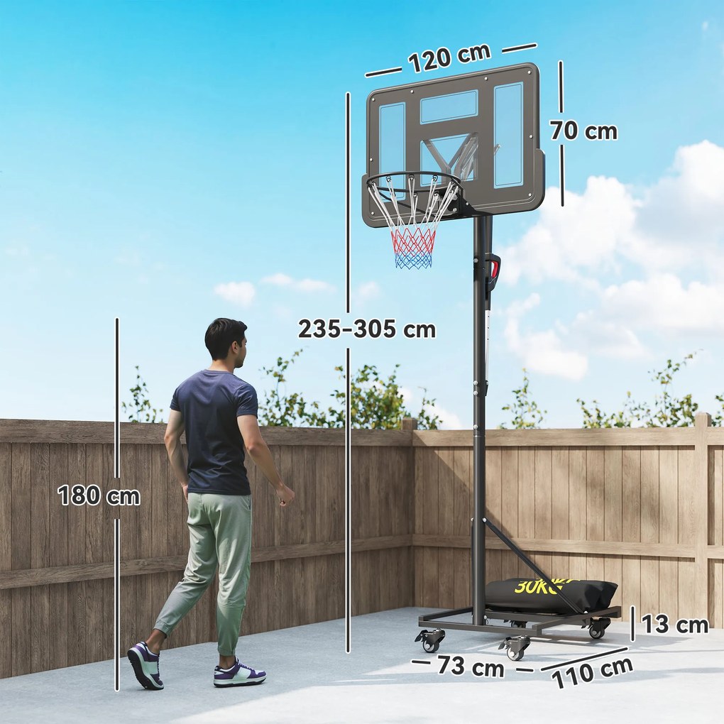 Cesto de basquetebol para Exterior com Altura Ajustável 235-305 cm Saco de Peso e Rodas Preto