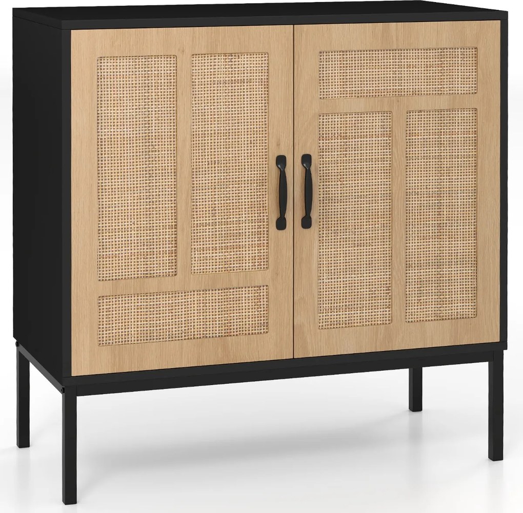 Aparador 80 x 38 x 81 cm com 2 portas em rattan natural, prateleira ajustável em 3 posições, pés metálicos preto.
