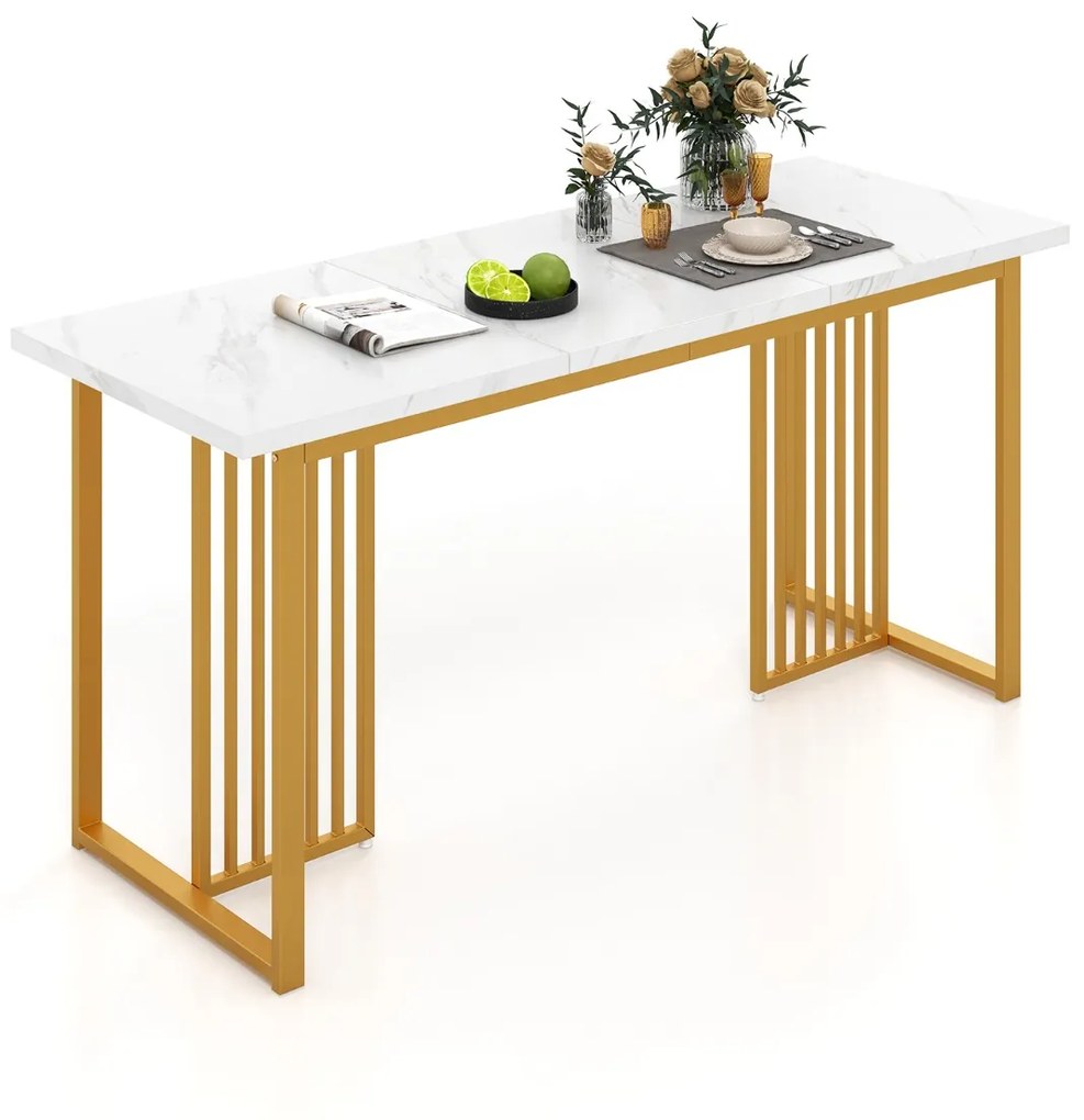 Mesa de jantar moderna para 6-8 pessoas Retangular 160 cm com tampo de mármore sintético Pernas de metal para restaurante Dourada e branco