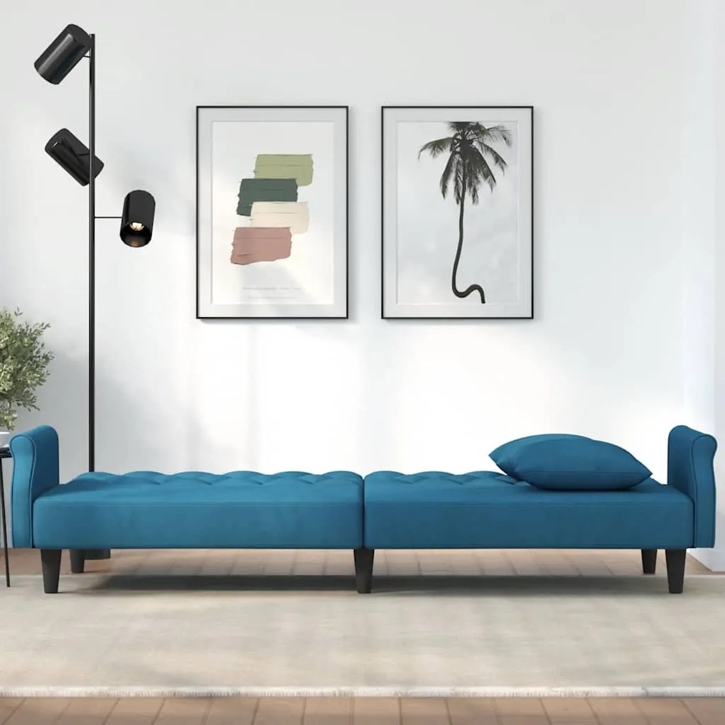 Sofá-cama com apoio de braços veludo azul