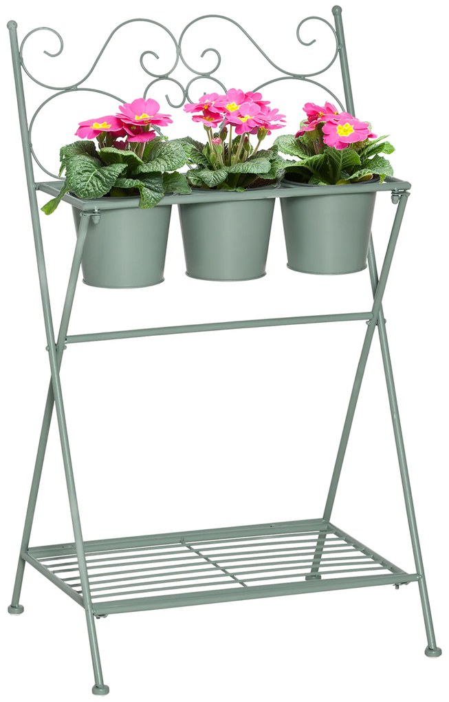 Outsunny Suporte de Metal para Plantas Dobrável com 3 Vasos Incluidos e Prateleira Inferior Suporte para Vasos de Flores Decorativo para Interior e Exterior 47x37x78,5cm Verde