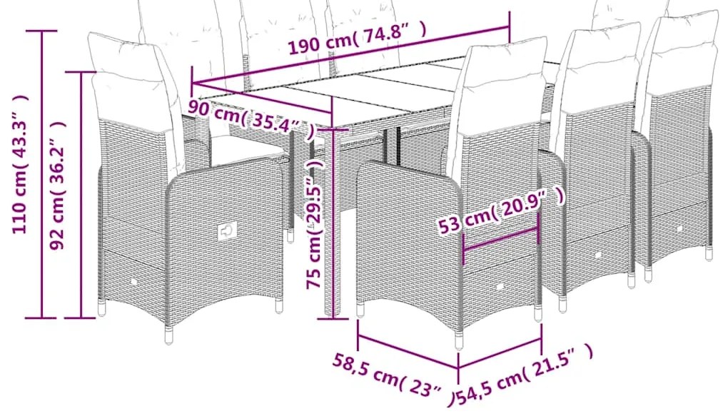 9 pcs conjunto bistrô de jardim c/ almofadões vime PE castanho