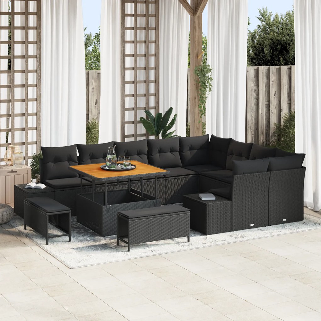 Conjunto de Sofá de Jardim vidaXL 12 Peças com Almofadas Preto Rattan