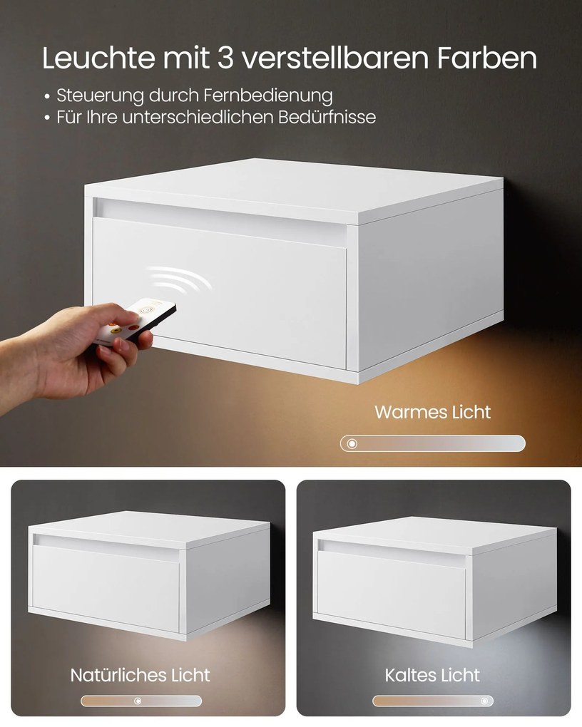 Conjunto de 2 mesas de cabeceira suspensas com luzes LED 35 x 40 x 18 cm branco nuvem