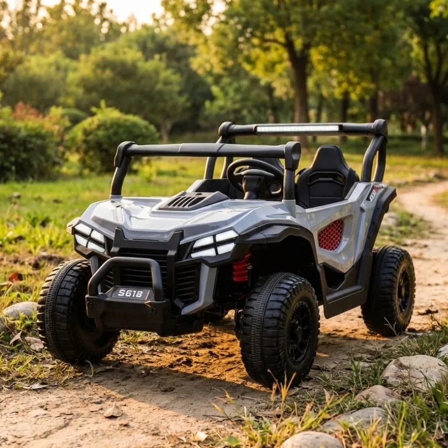 Carro elétrico para Crianças 24V, 4x4, 2 lugares Gravity Buggy Rodas de espuma EVA e assento Couro ecológico Cinzento