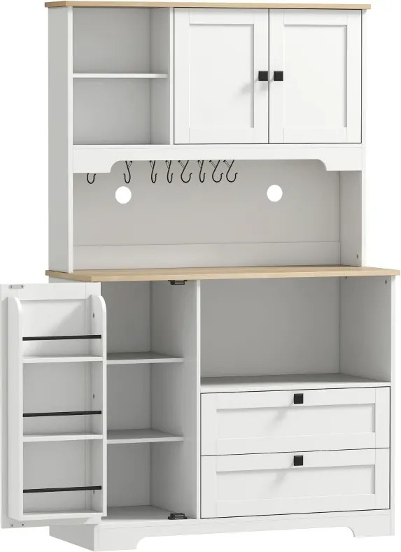 Armário de Cozinha com 3 Portas 2 Gavetas 3 Prateleiras na Porta 8 Ganchos Bancada Ampla 100x40x162 cm Branco