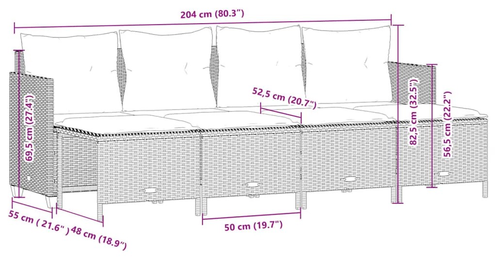 5 pcs conjunto sofás de jardim com almofadões vime PE preto