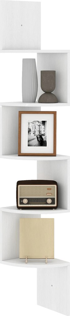 Estante de canto de parede para arrumação, em forma de ziguezague, 20 L x 20 L x 126 A cm, 5 prateleiras, madeira branca