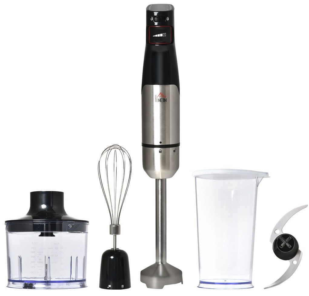 Varinha Mágica 1000W 4 em 1 com Velocidades Ajustáveis 2 Lâminas de Aço Inoxidável Picador 500ml Copo Medidor 800ml e Batedeira 10x6,5x41cm Preto