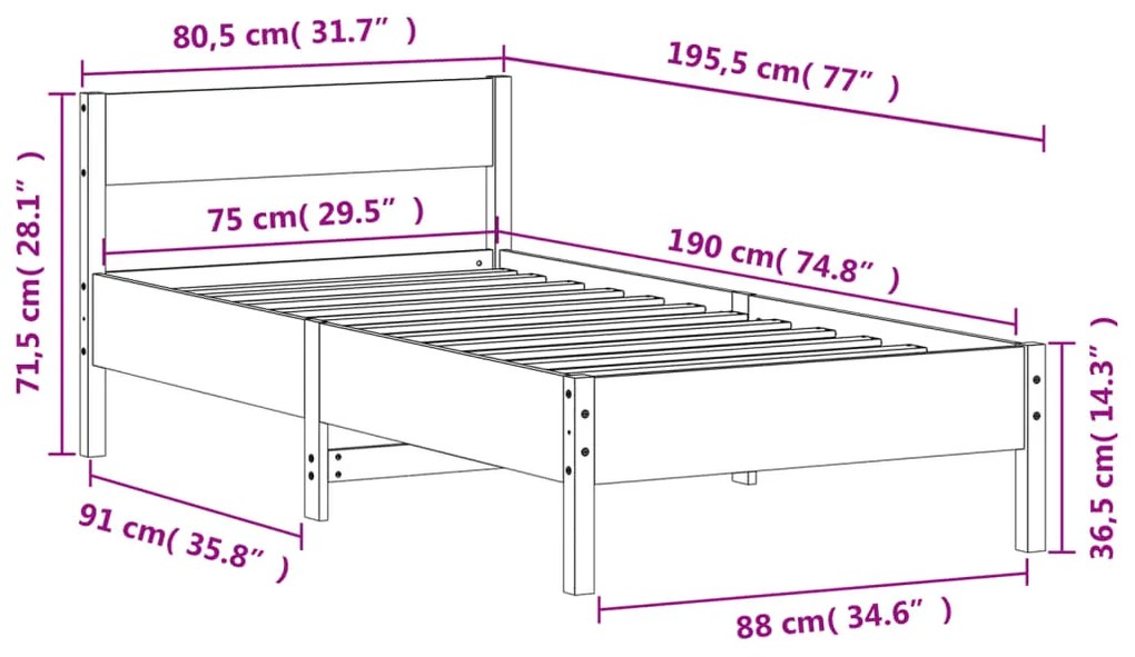 Estrutura cama c/ cabeceira 75x190 cm pinho maciço