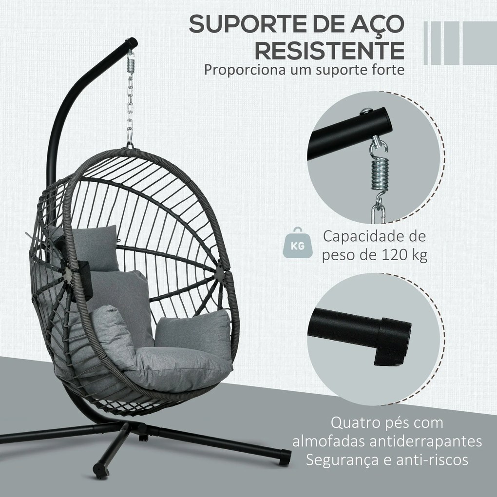 Cadeira Suspensa com Suporte Jardim Cadeira Baloiço de Exterior com Cesta Dobrável Almofada e Apoio para a Cabeça 120x106x188 cm Cinza