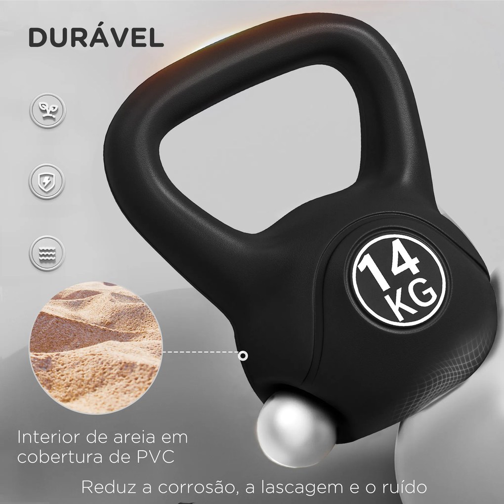 Peso Russo de 14 kg Kettlebell Fitness Preenchido de Areia com Punho Largo Antiderrapante 26x18x32 cm Preto