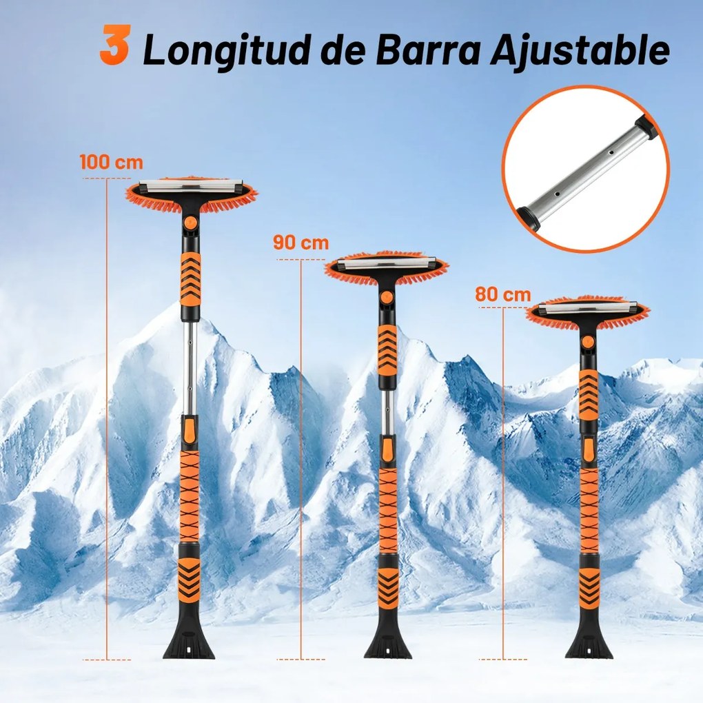 Pá de neve extensível 4 em 1 Raspador de gelo de 107 cm para pára-brisas Cabeça de escova giratória de 180° Cabo em EVA laranja