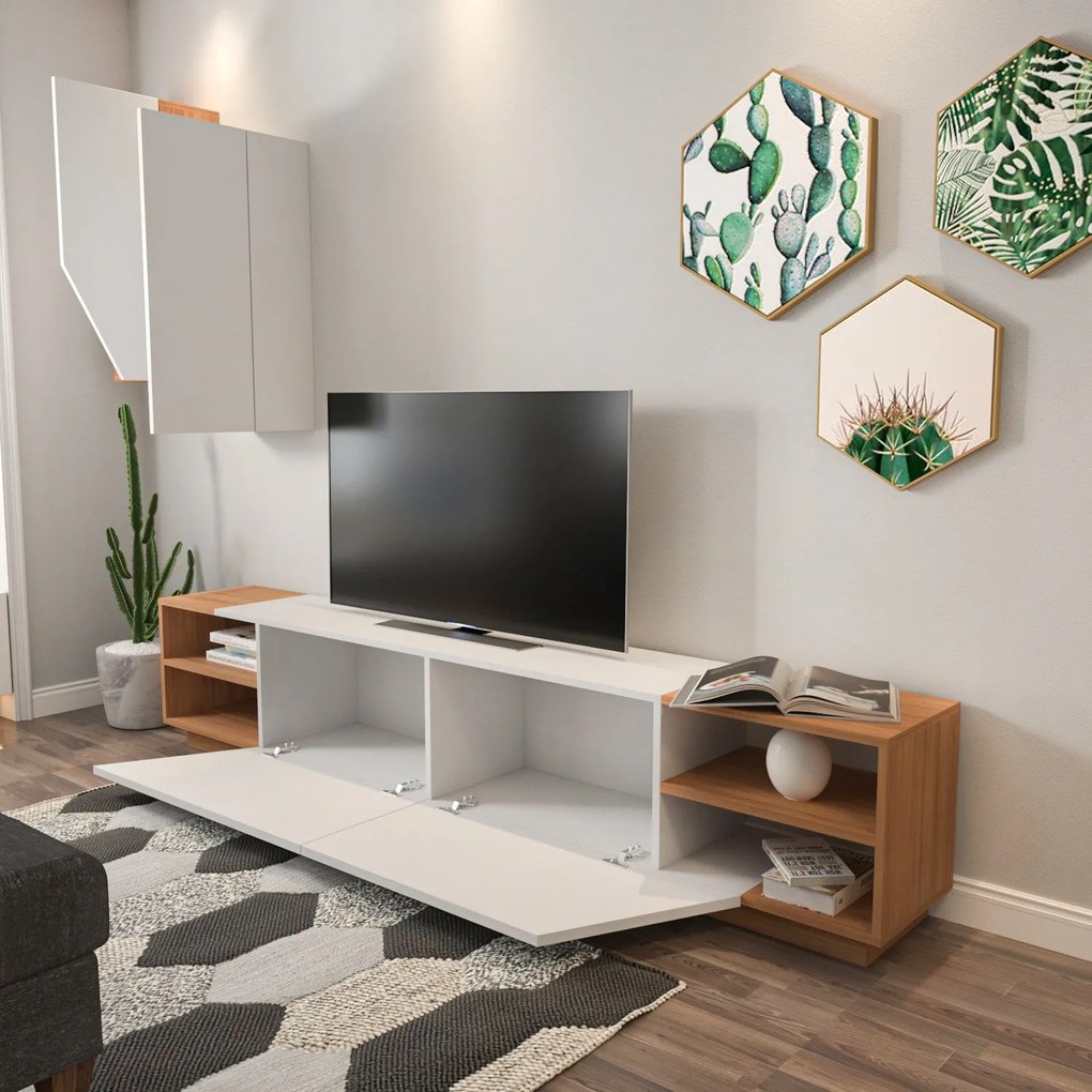 Móvel TV Zebra – Branco e Teca – 240x47x37,5 cm