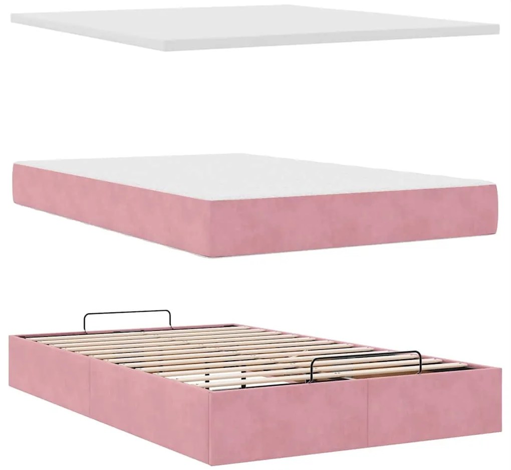 Estrutura de cama otomana com colchão 120x200 cm veludo rosa