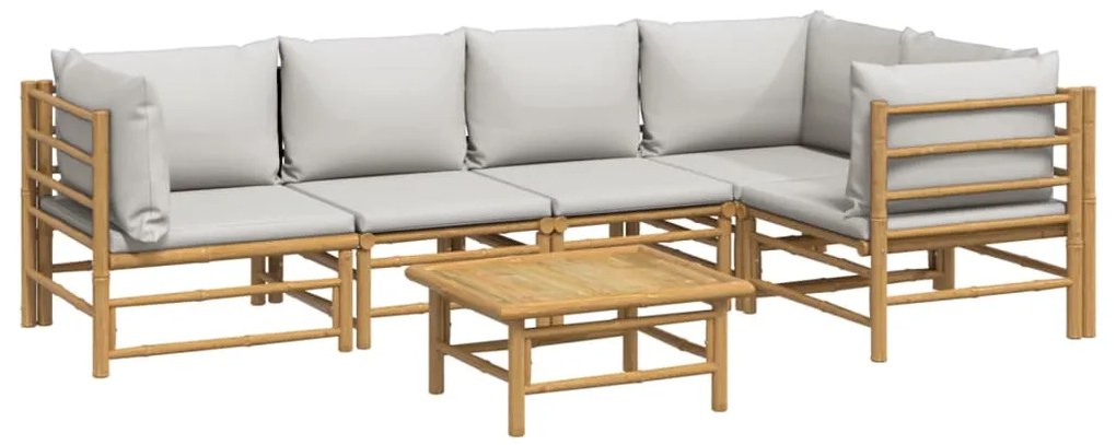 6 pcs conj. lounge de jardim bambu c/ almofadões cinzento-claro