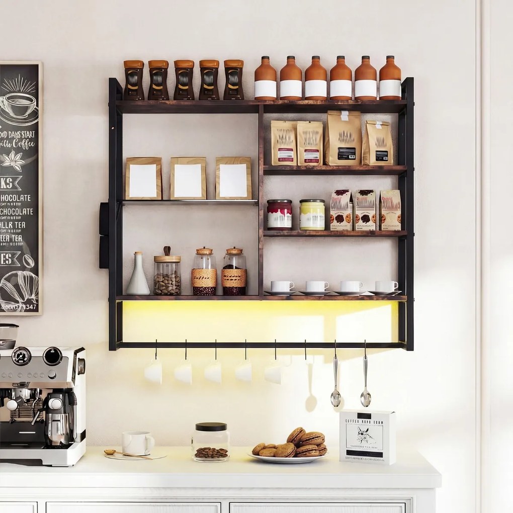 Prateleira suspensa 107 x 24 x 96 cm com luzes LED, controlo remoto via app, 6 níveis, 8 ganchos em S e bolso lateral para cozinha, bar ou casa – Cast