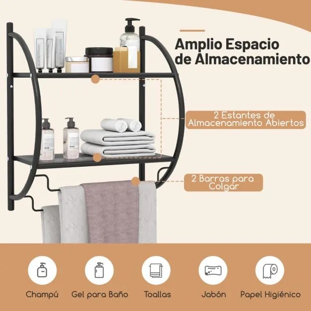 Toalheiro de parede 45 x 26 x 55 cm (C x L x A) com barra e 2 prateleiras para Casa de Banho Preto