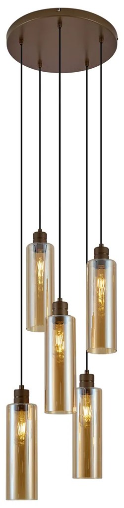 Candeeiro suspenso Hotel Chic bronze escuro com vidro âmbar 5 luzes - Stavelot